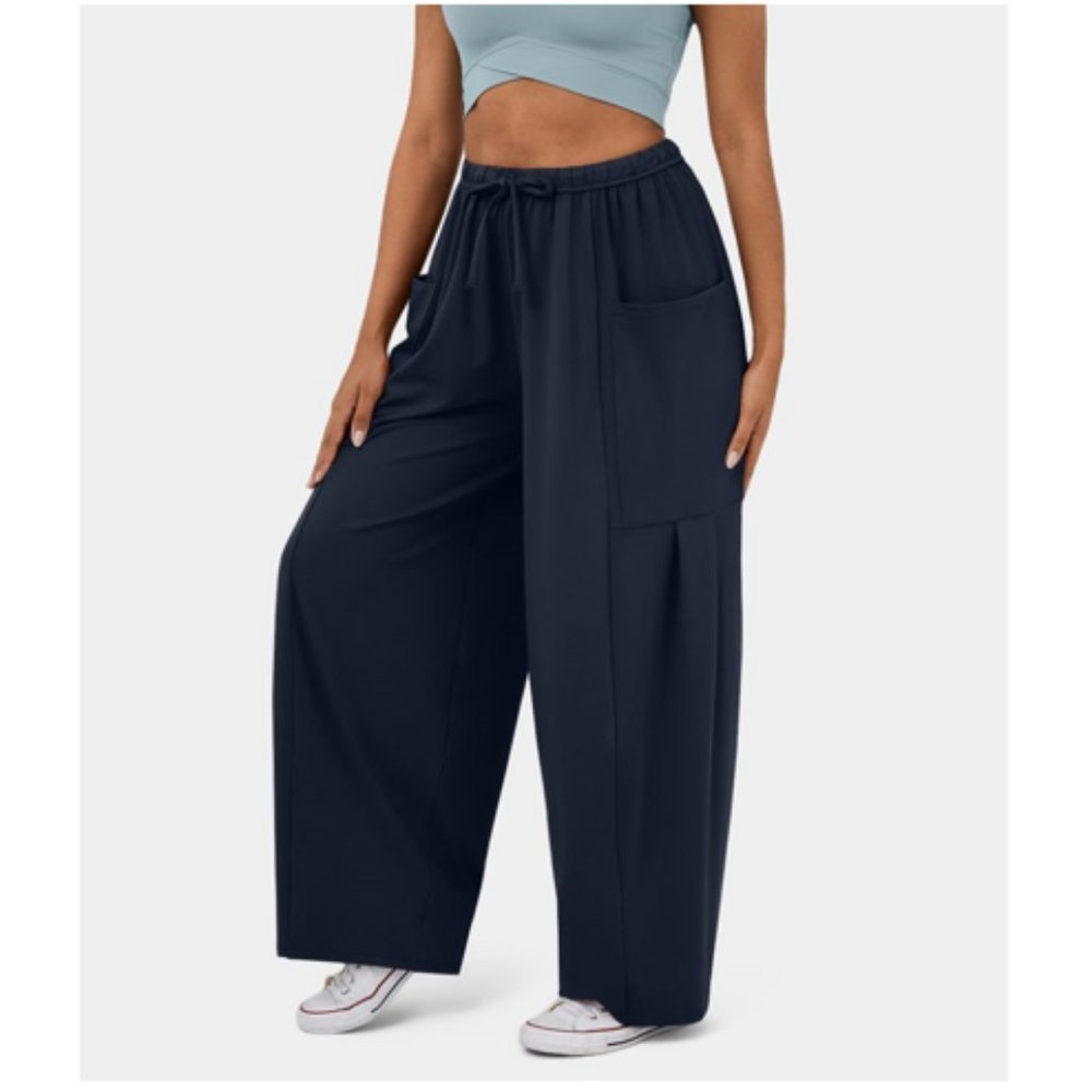 Halara Navy Elastic Waistband Drawstring Palazzo Flowy Wide Leg Pants S NWT
